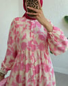 Yarım Düğmeli Kolu Lastikli Desenli Elbise -Pembe-Elbise-197-6786-R20