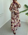 Yarım Düğmeli Kolu Lastikli Desenli Elbise -Bordo-Elbise-197-67862-R04
