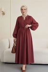 Yarım Düğmeli Nervürlü Bağcıklı Tensel Elbise -Bordo-Elbise-307-0094-R04