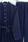 Yarım Düğmeli Önü Pliseli Beli Bağlamalı Pantolonlu Kot Takım   -Laci-Takım-349-202507-R03