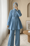 Yarım Düğmeli Önü Pliseli Beli Bağlamalı Pantolonlu Kot Takım  -Açık Mavi-Takım-349-202507-R25