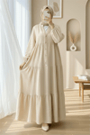 Yarım Düğmeli Parçalı Müslin Elbise  -Bej-Elbise-207-2559-R56