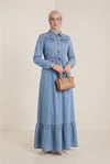 Yarım Fermuarlı Tünel Bağcıklı Kolu Lastikli Kot Elbise -Buz Mavi-Elbise-197-6116-R37