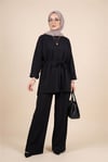 Yırtmaçlı Beli Bağcıklı Kolu Katlamalı Pantolonlu Oyşo Takım -Siyah-Takım-436-10061-R01