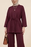 Yırtmaçlı Beli Bağcıklı Kolu Katlamalı Pantolonlu Oyşo Takım -Bordo-Takım-436-10061-R04
