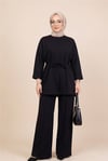 Yırtmaçlı Beli Bağcıklı Kolu Katlamalı Pantolonlu Oyşo Takım -Siyah-Takım-436-10061-R01