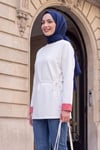 Yırtmaçlı Bisiklet Yaka Beli Bağlamalı Penye Sweat -Beyaz