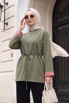 Yırtmaçlı Bisiklet Yaka Beli Bağlamalı Penye Sweat -Haki