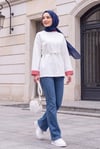 Yırtmaçlı Bisiklet Yaka Beli Bağlamalı Penye Sweat -Beyaz