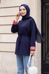 Yırtmaçlı Bisiklet Yaka Beli Bağlamalı Penye Sweat  -Lacivert