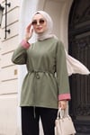 Yırtmaçlı Bisiklet Yaka Beli Bağlamalı Penye Sweat -Haki