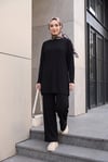 Yırtmaçlı Bisiklet Yaka Pantolonlu Selanik Takım  -Siyah