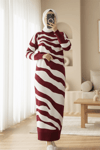 Yırtmaçlı Desenli Triko Elbise   -Bordo-Elbise-384-45-R04