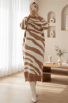 Yırtmaçlı Desenli Triko Elbise -Taba-Elbise-384-45-R12