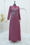 فستان سهرة من الكريب ذو الياقة العالية منقوش بأحجار البرسيم -G.Kurusu-Krep Abiye-316-4599-R27