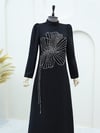 Krep Abiye-Yonca Taş Desenli Dik Yaka Krep Abiye -Siyah-316-4599-R01