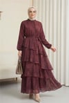 Yoryo Desenli Eteği Katlı Beli Bağcıklı Astarlı Şifon Elbise -Bordo-Elbise-114-5152-R04