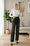 Yüksek Bel Likralı Cepli Bol Paça Kot Pantolon -Siyah-Pantolon-427-6034-R01