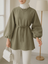 Yuvarlak Yaka Beli Bağcıklı Balon Kol Tunik  -Zeytin-Tunik-223-3001-R59
