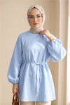 Yuvarlak Yaka Beli Bağcıklı Balon Kol Tunik  -Bebe Mavi-Tunik-223-3001-R32