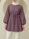 Yuvarlak Yaka Beli Bağcıklı Balon Kol Tunik  -Vişne-Tunik-223-3001-R44