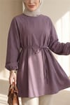 Yuvarlak Yaka Beli Bağcıklı Balon Kol Tunik  -Vişne-Tunik-223-3001-R44