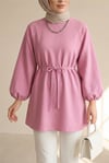 Yuvarlak Yaka Beli Bağcıklı Balon Kol Tunik  -Pembe-Tunik-223-3001-R20