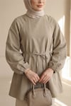 Yuvarlak Yaka Beli Bağcıklı Balon Kol Tunik  -Zeytin-Tunik-223-3001-R59
