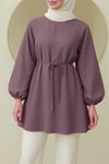 Yuvarlak Yaka Beli Bağcıklı Balon Kol Tunik  -Vişne-Tunik-223-3001-R44
