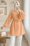 Yuvarlak Yaka Beli Bağcıklı Balon Kol Tunik   -Turuncu-Tunik-223-3001-R16