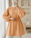 Yuvarlak Yaka Beli Bağcıklı Balon Kol Tunik   -Turuncu-Tunik-223-3001-R16