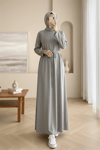 Yuvarlak Yaka Beli Bağlamalı Oysho Elbise -Gri-Elbise-253-13078-R11