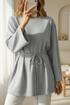 Yuvarlak Yaka Beli Bağlamalı Penye Tunik -Açık Gri-Tunik-253-13071-R41