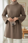 Yuvarlak Yaka Beli Bağlamalı Penye Tunik -Açık Kahve-Tunik-253-13071-R76