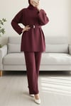 Yuvarlak Yaka Beli Kemerli Scuba Takım -Bordo-Takım-120-6363-R04