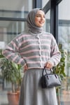 Yuvarlak Yaka Çizgili Triko Hırka -Pembe