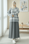 Yuvarlak Yaka Çizgili Yumoş Triko Kazak -Gri-Kazak-357-7016-R11