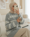 Yuvarlak Yaka Çizgili Yumoş Triko Kazak -Gri-Kazak-357-7016-R11