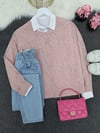 Yuvarlak Yaka Düğmeli Fileli Baharlık Hırka -Pudra