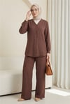 Yuvarlak Yaka Düğmeli Pantolonlu Ayrobin Takım -Kahve-Takım-349-7045-R15