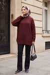 Yuvarlak Yaka Eteği Fitilli Salaş Triko Tunik -Bordo