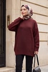 Yuvarlak Yaka Eteği Fitilli Salaş Triko Tunik -Bordo