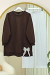 Yuvarlak Yaka Eteği Fiyonk Detaylı  Salaş Penye Tunik -Kahve-Tunik-349-7095-R15