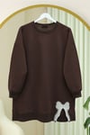 Yuvarlak Yaka Eteği Fiyonk Detaylı  Salaş Penye Tunik -Kahve-Tunik-349-7095-R15
