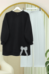 Yuvarlak Yaka Eteği Fiyonk Detaylı  Salaş Penye Tunik -Siyah-Tunik-349-7095-R01