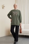 Yuvarlak Yaka Fiyonk Baskılı Salaş Oyşo Tunik -Haki-Tunik-349-8059-R05