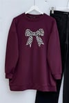 Yuvarlak Yaka Fiyonk Baskılı Salaş Oyşo Tunik -Mürdüm-Tunik-349-8059-R09