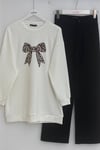 Yuvarlak Yaka Fiyonk Baskılı Salaş Oyşo Tunik -Ekru-Tunik-349-8059-R07