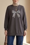 Yuvarlak Yaka Fiyonk Baskılı Salaş Oyşo Tunik -Kahve-Tunik-349-8059-R15