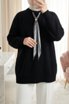 Yuvarlak Yaka Fularlı Salaş Triko Tunik    -Siyah-Kazak-109-9776-R01